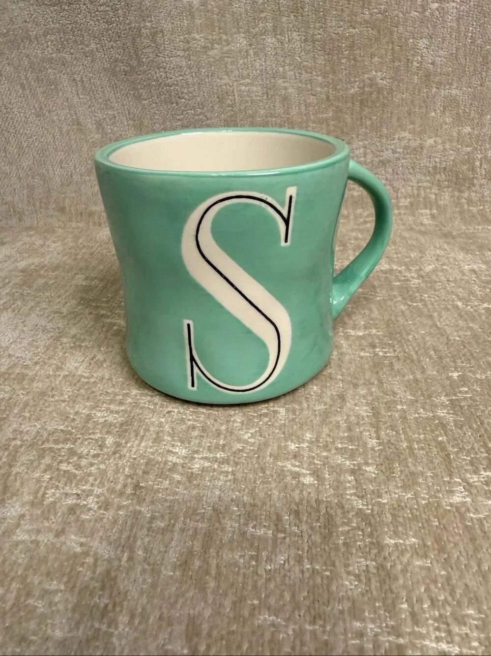Anthropologie Monogram Letter S Hand Painted Coffee Mug Green White
